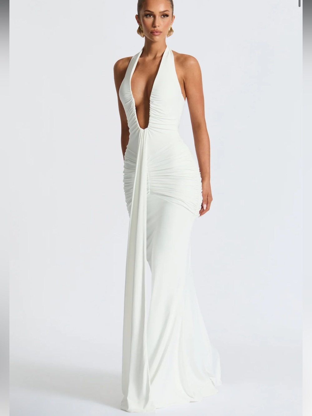 Babyboo Rosetta White Halter Plunge Ruched Maxi Formal Evening Dress NWT